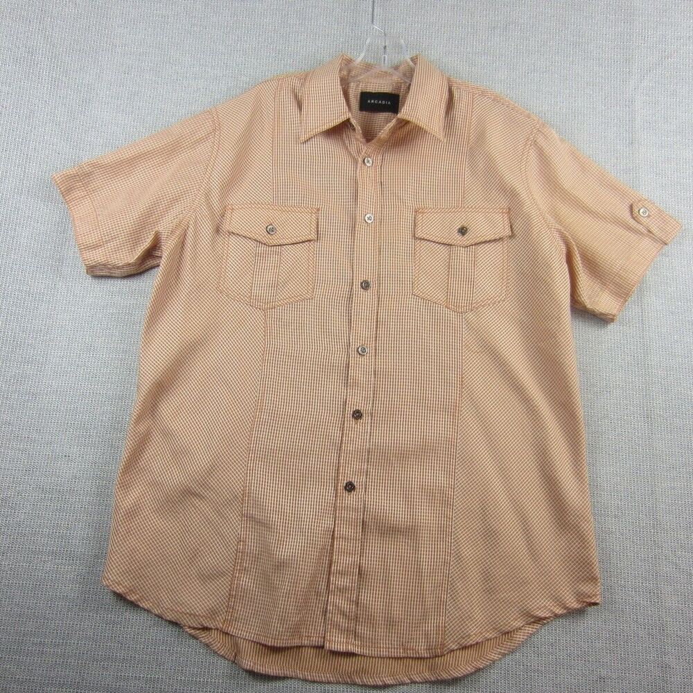 Arcadia Shirt Mens Large White Peach Orange Window Pane Short Sleeve Pockets